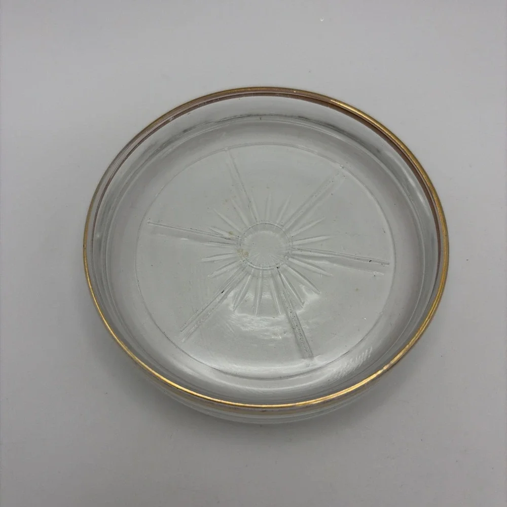 Vintage Mid century Starburst Depression Glass Coaster with gold trim.